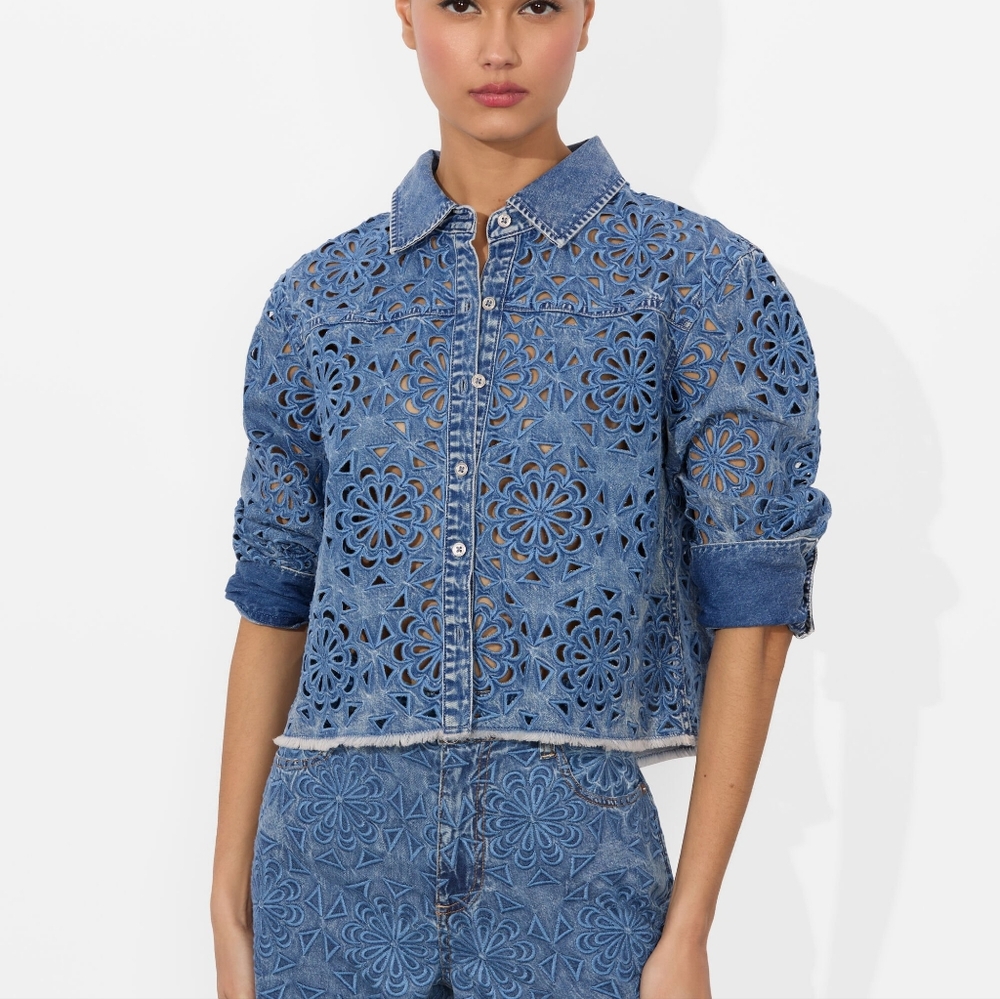 ALICE + OLIVIA JEANS FINELY LASERCUT DENIM SHIRT